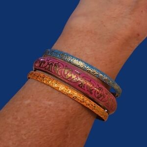 Vintage Set of Three Colorfu Floral Brass Metal Indian Bangle Bracelets